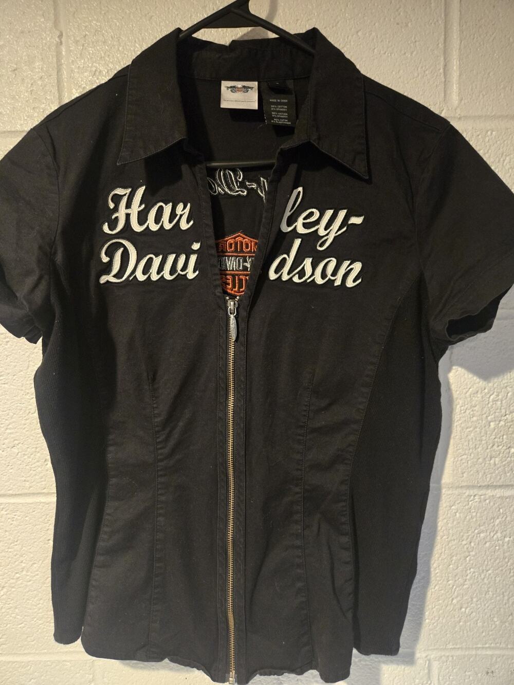 Harley Dividson Womens Full Zip Shirt Embroidered Logos Used Nice Condition L